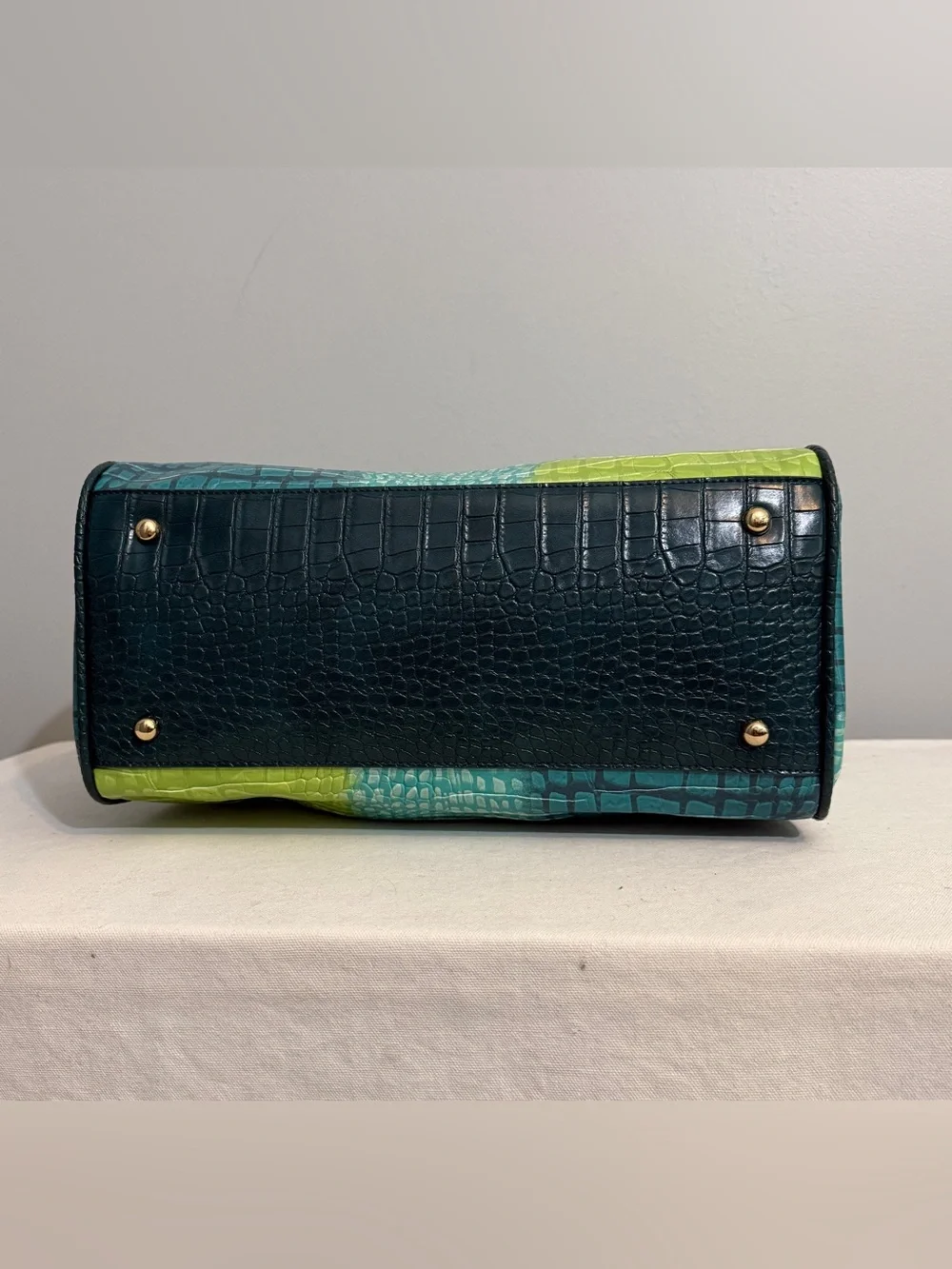 Teal Lime Ombre Croc Embossed Satchel Crossbody Bag Faux Leather
